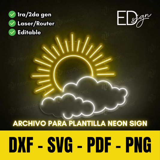 DXF/PDF/SVG - Sol y Nubes Paisaje - Vector para Neon LED